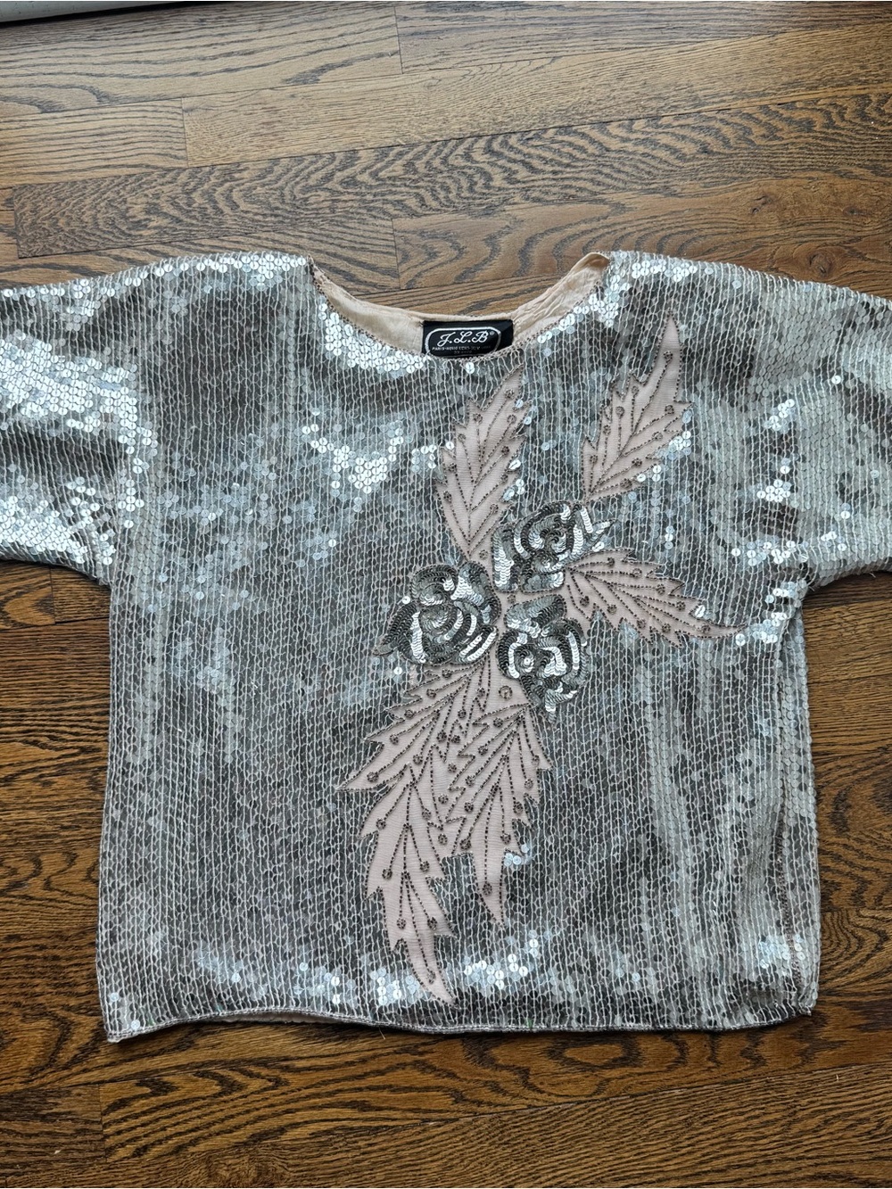 J.L.B Silk Vintage Silver Sequin Flower Maximalist Blouse L